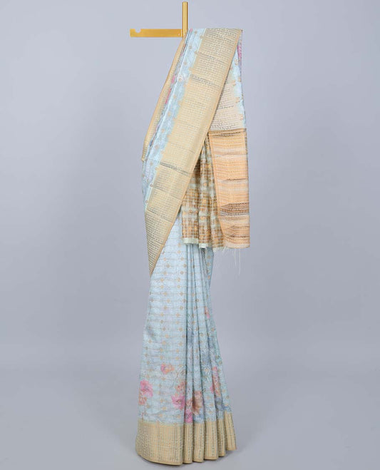 Pastel blue colorful floral printed & striped Semi banaras jute saree, contrast zari border & pallu of stripes