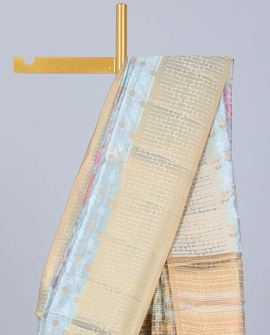 Pastel blue colorful floral printed & striped Semi banaras jute saree, contrast zari border & pallu of stripes