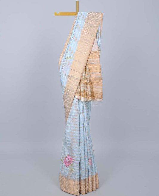 Pastel blue floral motifs printed & striped Semi banaras jute saree, contrast zari border & pallu of stripes