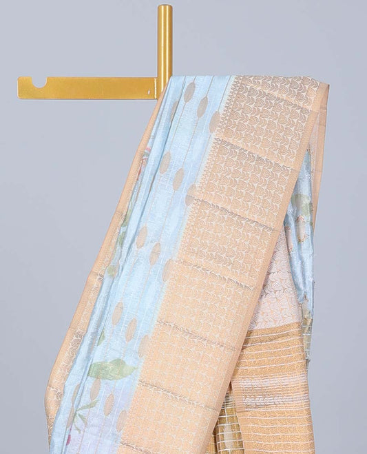 Pastel blue floral motifs printed & striped Semi banaras jute saree, contrast zari border & pallu of stripes