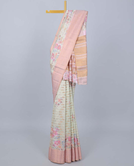 Pastel green rose floral motifs printed & striped Semi banaras jute saree, contrast zari border & pallu of stripes