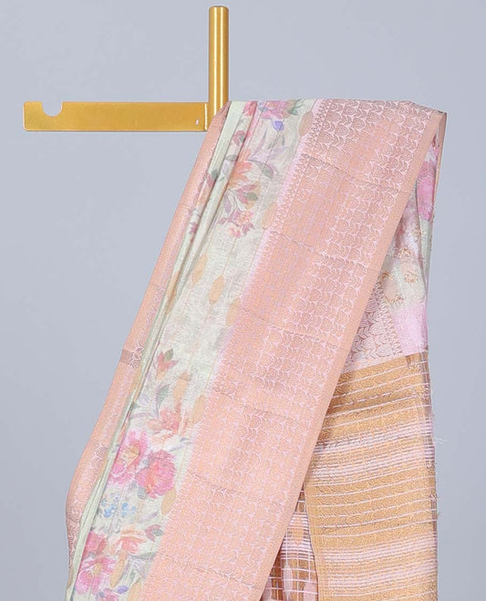 Pastel green rose floral motifs printed & striped Semi banaras jute saree, contrast zari border & pallu of stripes