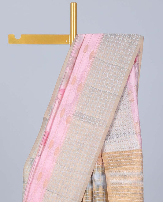 Pink floral motifs printed & striped Semi banaras jute saree, contrast zari border & pallu of stripes