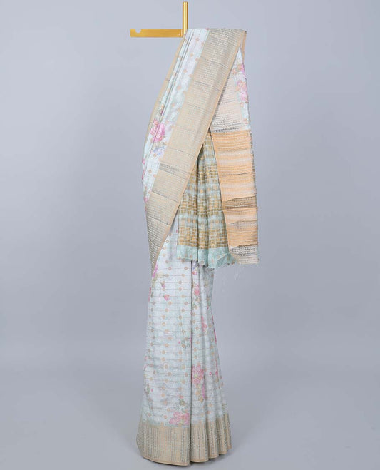 Pastel blue floral motifs printed & striped Semi banaras jute saree, zari border & pallu of stripes