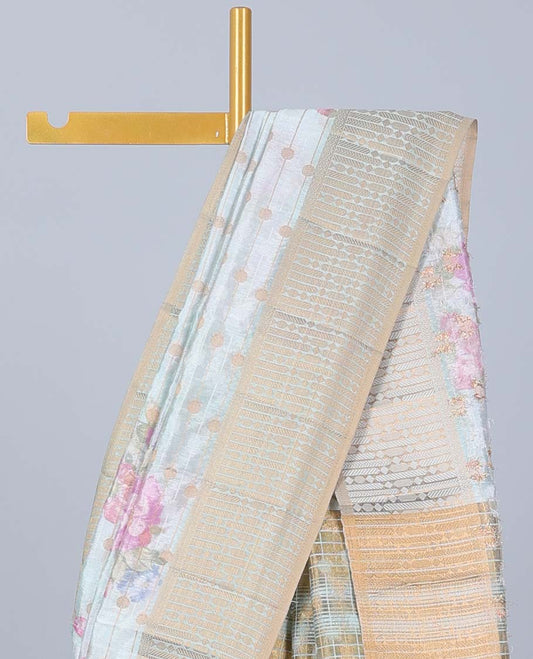 Pastel blue floral motifs printed & striped Semi banaras jute saree, zari border & pallu of stripes