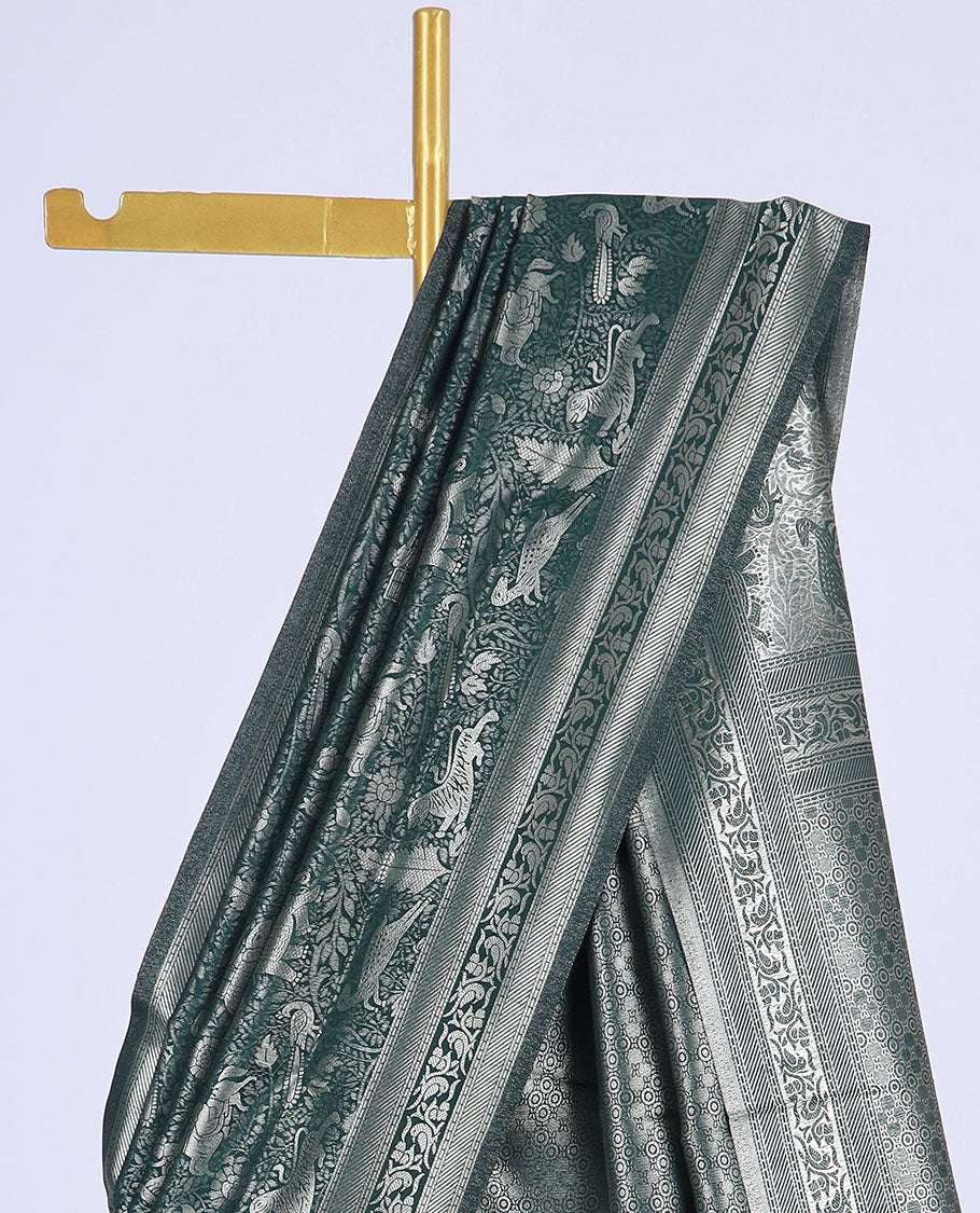 Green animal jacquard design softy saree, zari border of bird design & pallu of intricate designs