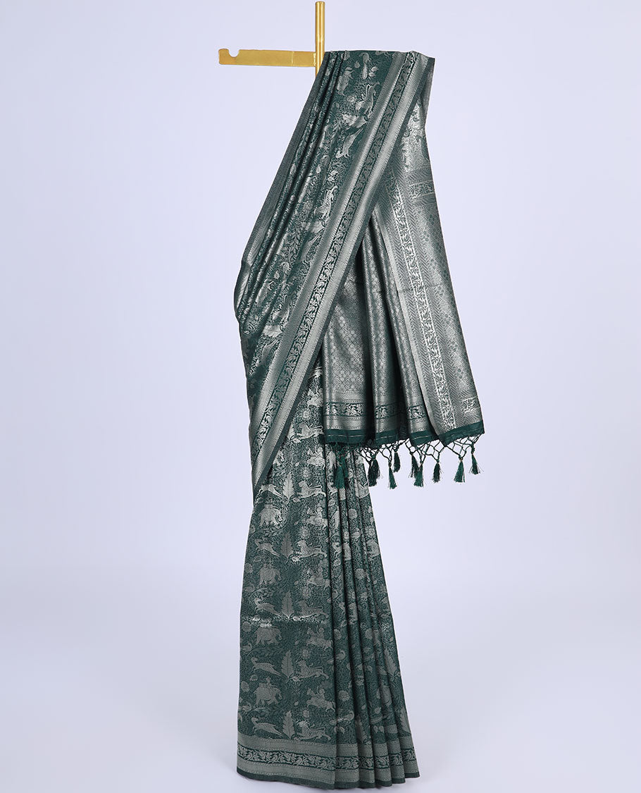 Green animal jacquard design softy saree, zari border of bird design & pallu of intricate designs
