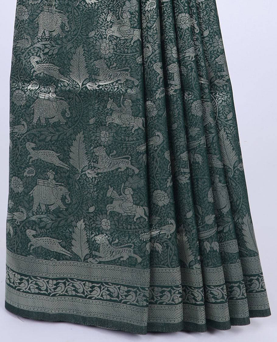 Green animal jacquard design softy saree, zari border of bird design & pallu of intricate designs