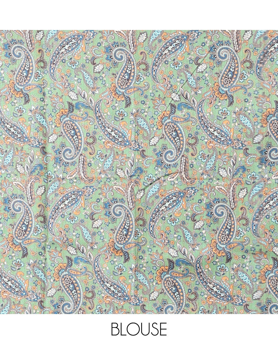Borderless blue plain kamala silk saree, multi-color paisley motifs digital printed blouse 