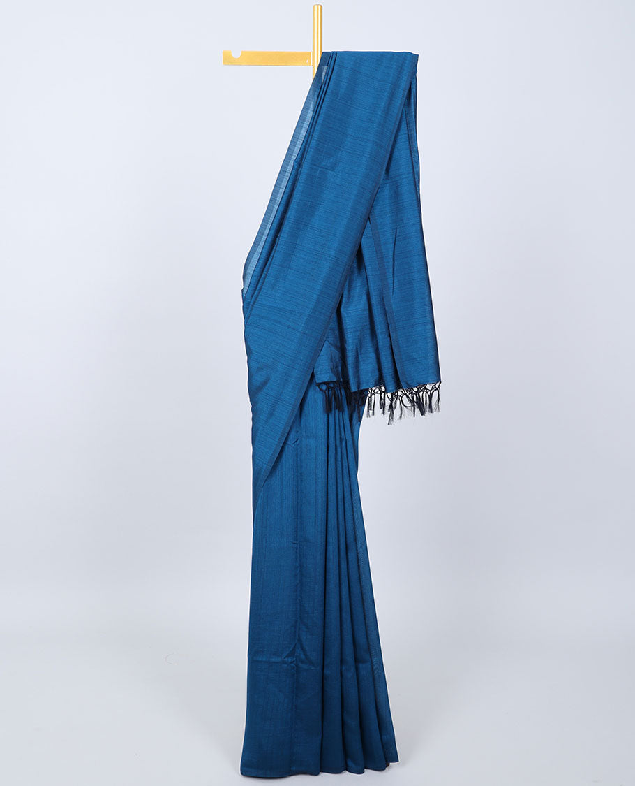 Borderless blue plain kamala silk saree, multi-color paisley motifs digital printed blouse 