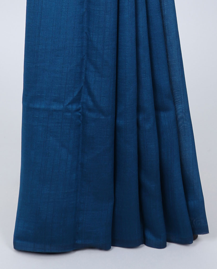 Borderless blue plain kamala silk saree, multi-color paisley motifs digital printed blouse 