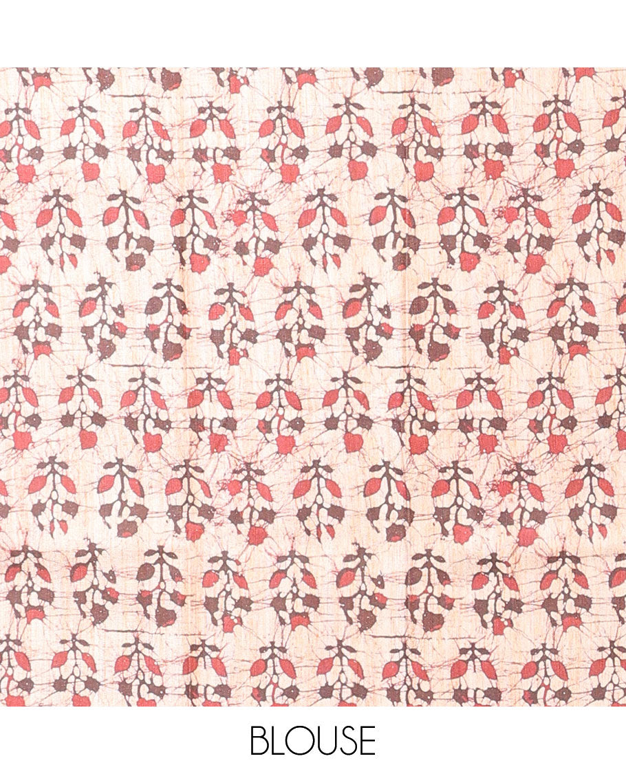 Borderless maroon plain kamala silk saree, batik-style floral motifs digital printed blouse 