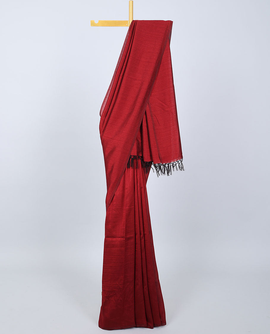 Borderless maroon plain kamala silk saree, batik-style floral motifs digital printed blouse 