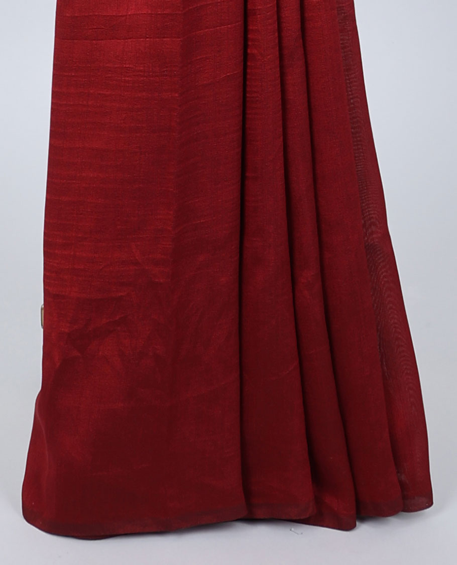Borderless maroon plain kamala silk saree, batik-style floral motifs digital printed blouse 