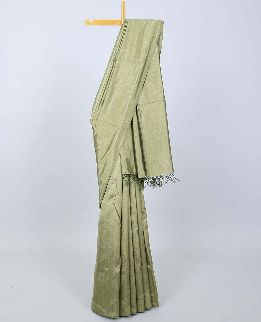 Borderless green plain kamala silk saree, floral vine digital printed blouse 