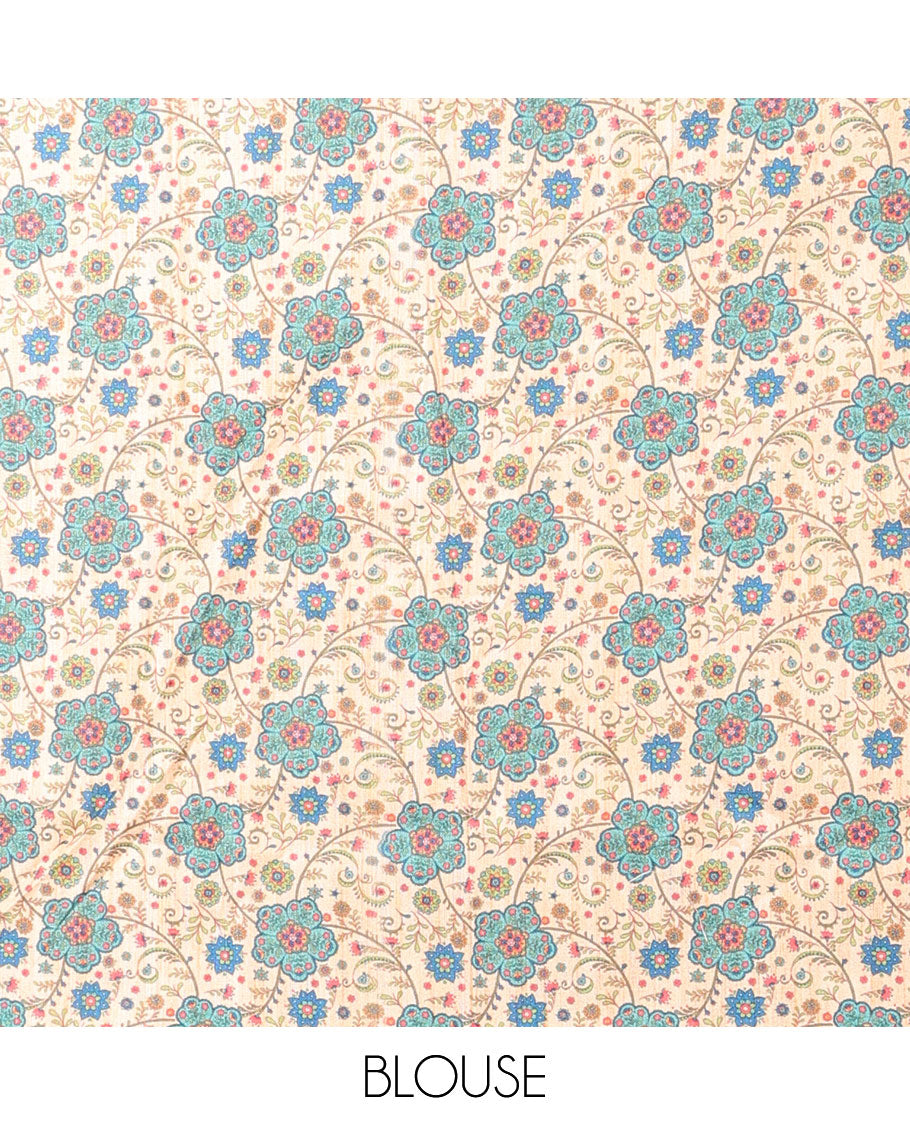Borderless blue plain kamala silk saree, intricate floral vine digital printed blouse 