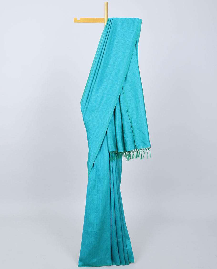 Borderless blue plain kamala silk saree, intricate floral vine digital printed blouse 