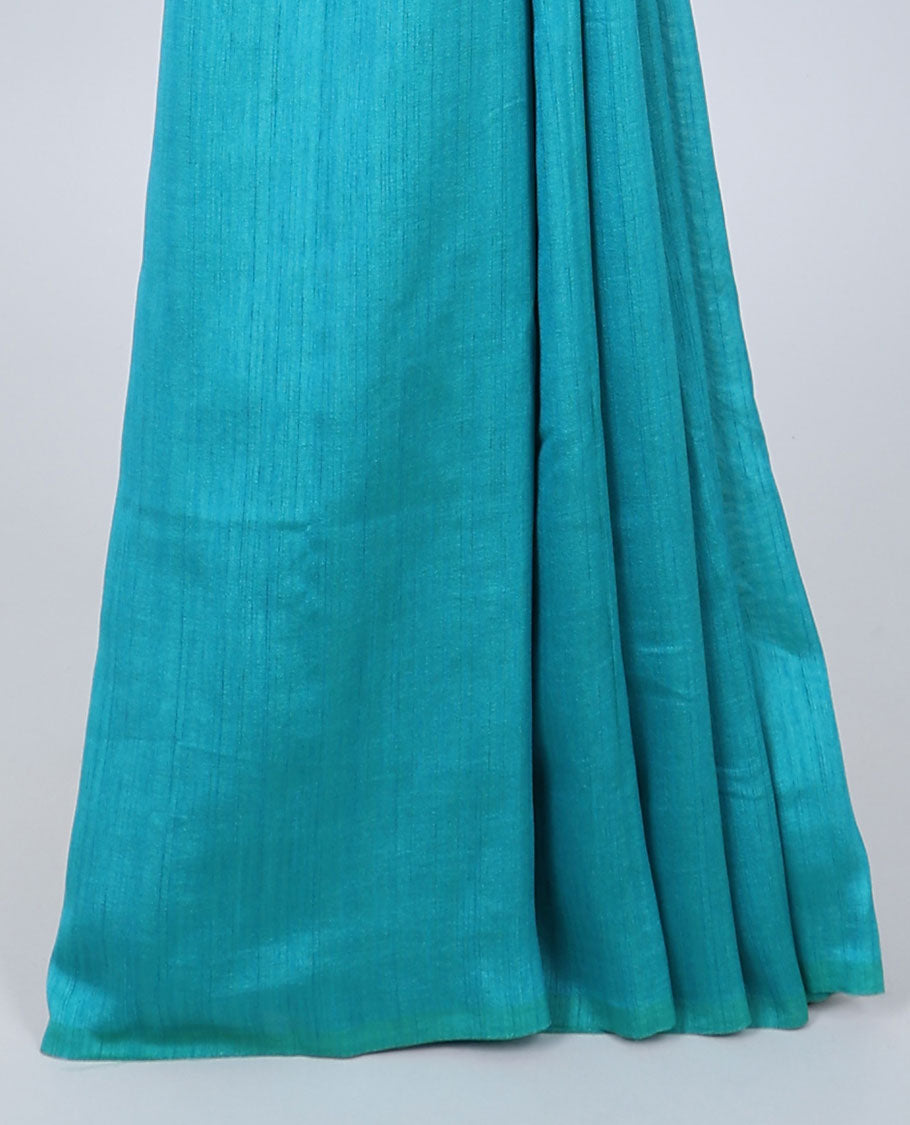 Borderless blue plain kamala silk saree, intricate floral vine digital printed blouse 