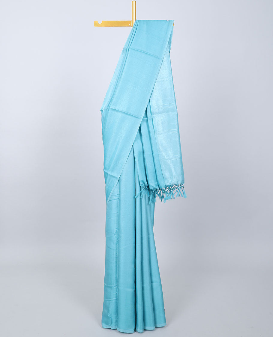 Borderless blue plain kamala silk saree, contrast intricately printed blouse 