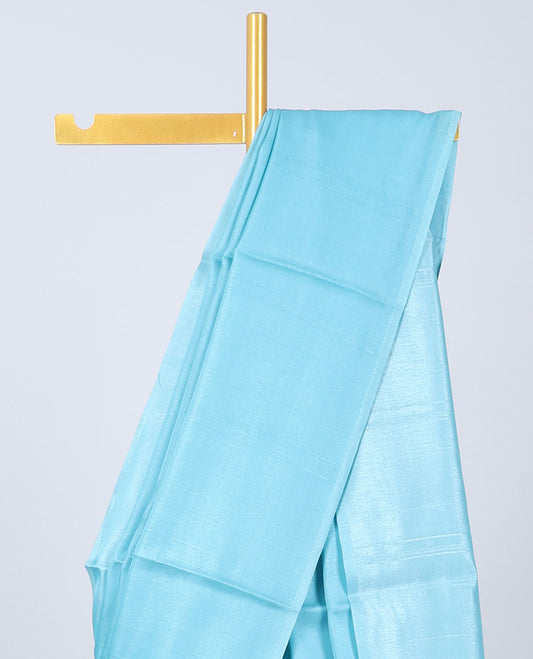 Borderless blue plain kamala silk saree, contrast intricately printed blouse 