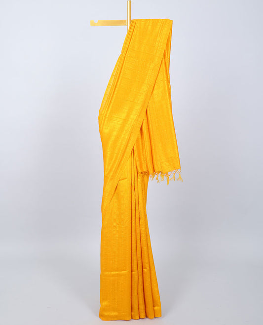 Borderless yellow plain kamala silk saree, contrast floral printed blouse 