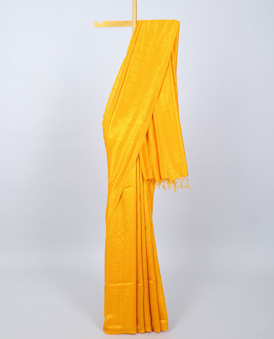 Borderless yellow plain kamala silk saree, contrast floral printed blouse 