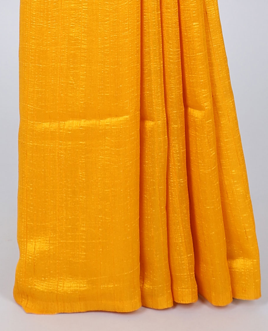 Borderless yellow plain kamala silk saree, contrast floral printed blouse 