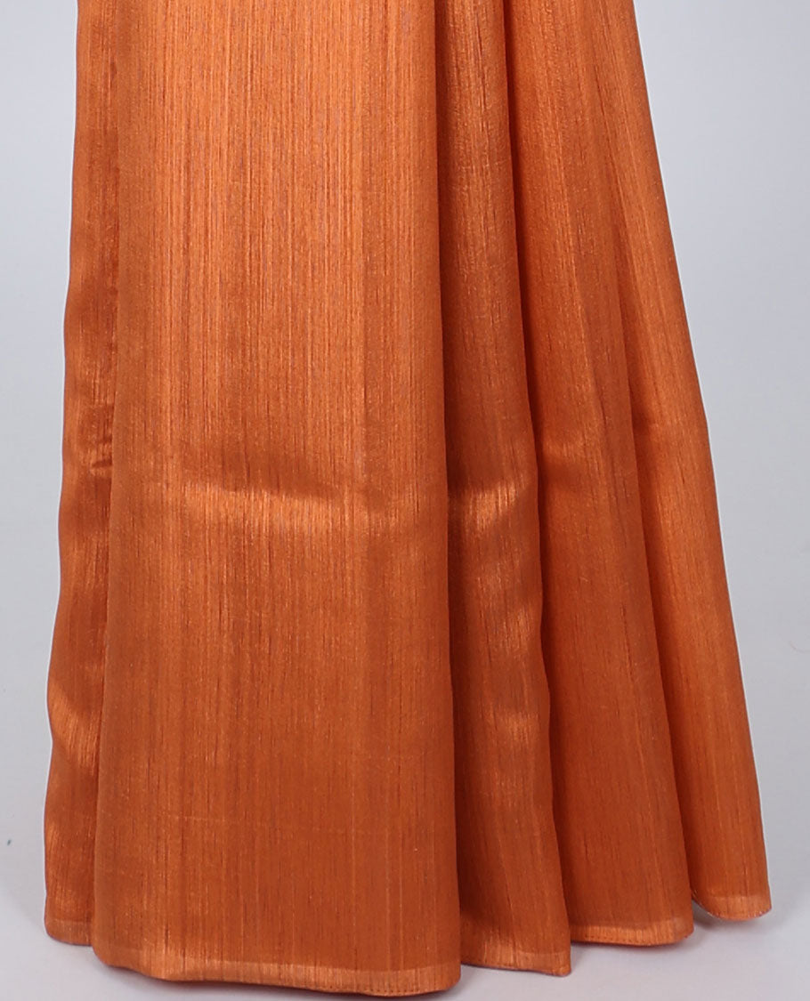 Borderless orange plain kamala silk saree, contrast floral motifs printed blouse 