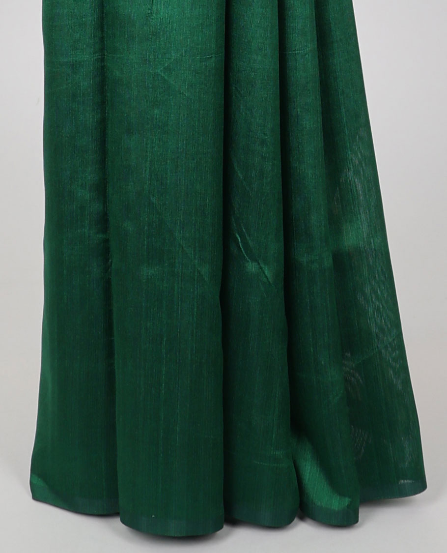 Borderless green plain kamala silk saree, contrast floral vine printed blouse 