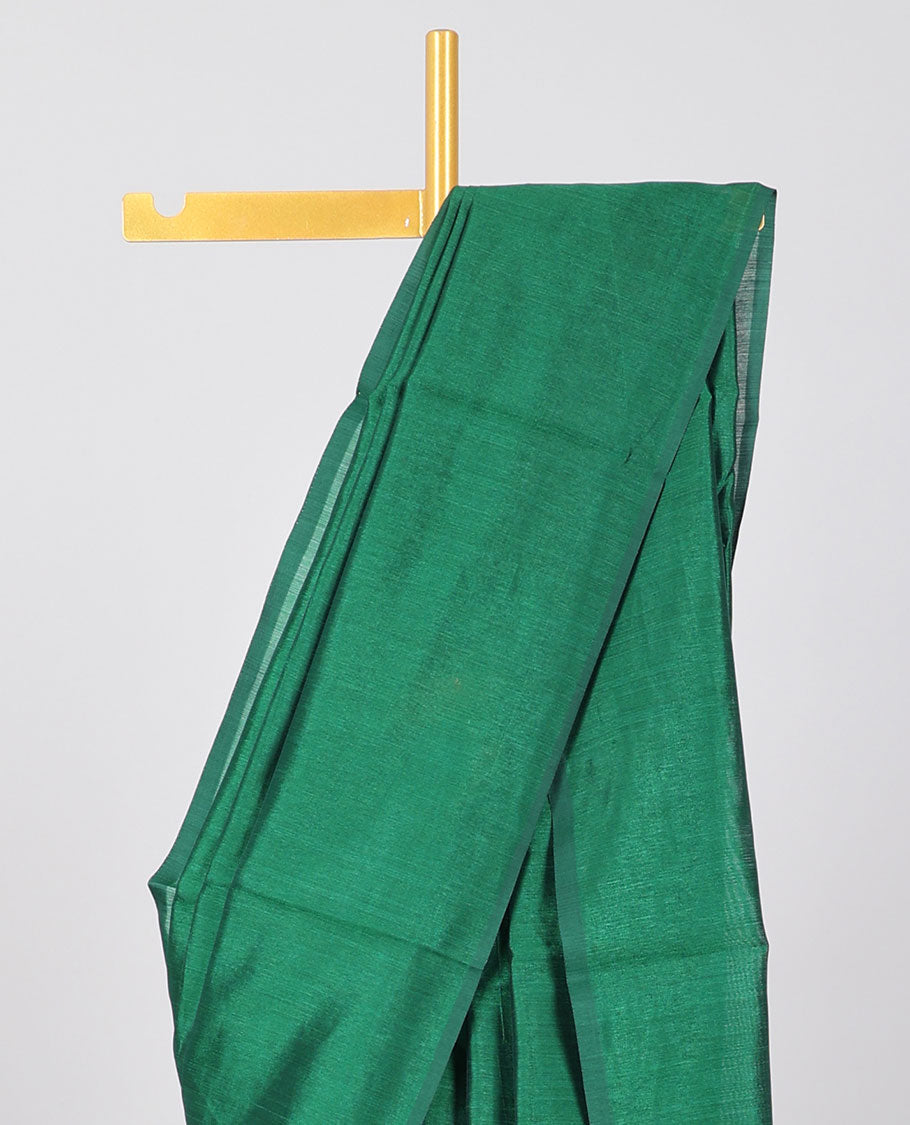 Borderless green plain kamala silk saree, contrast floral vine printed blouse 