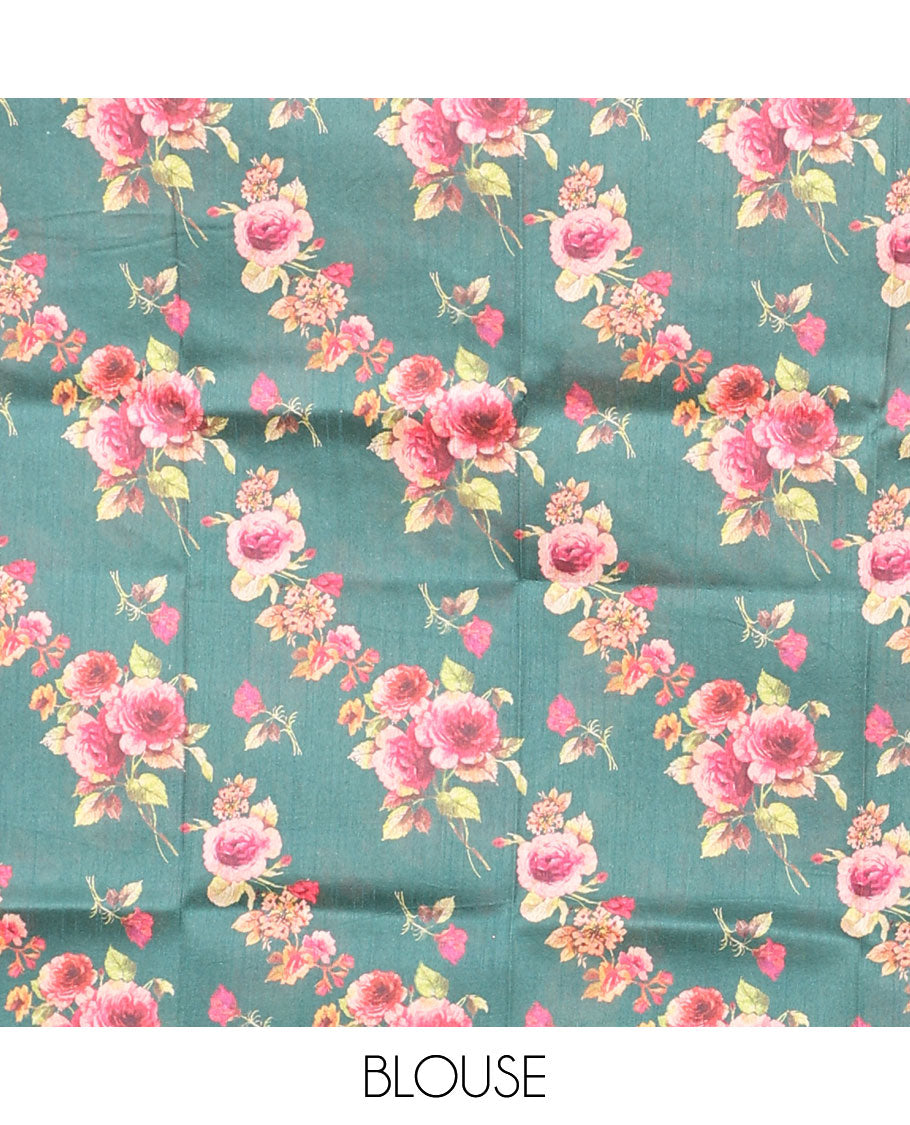 Borderless green plain kamala silk saree, contrast rose floral printed blouse 