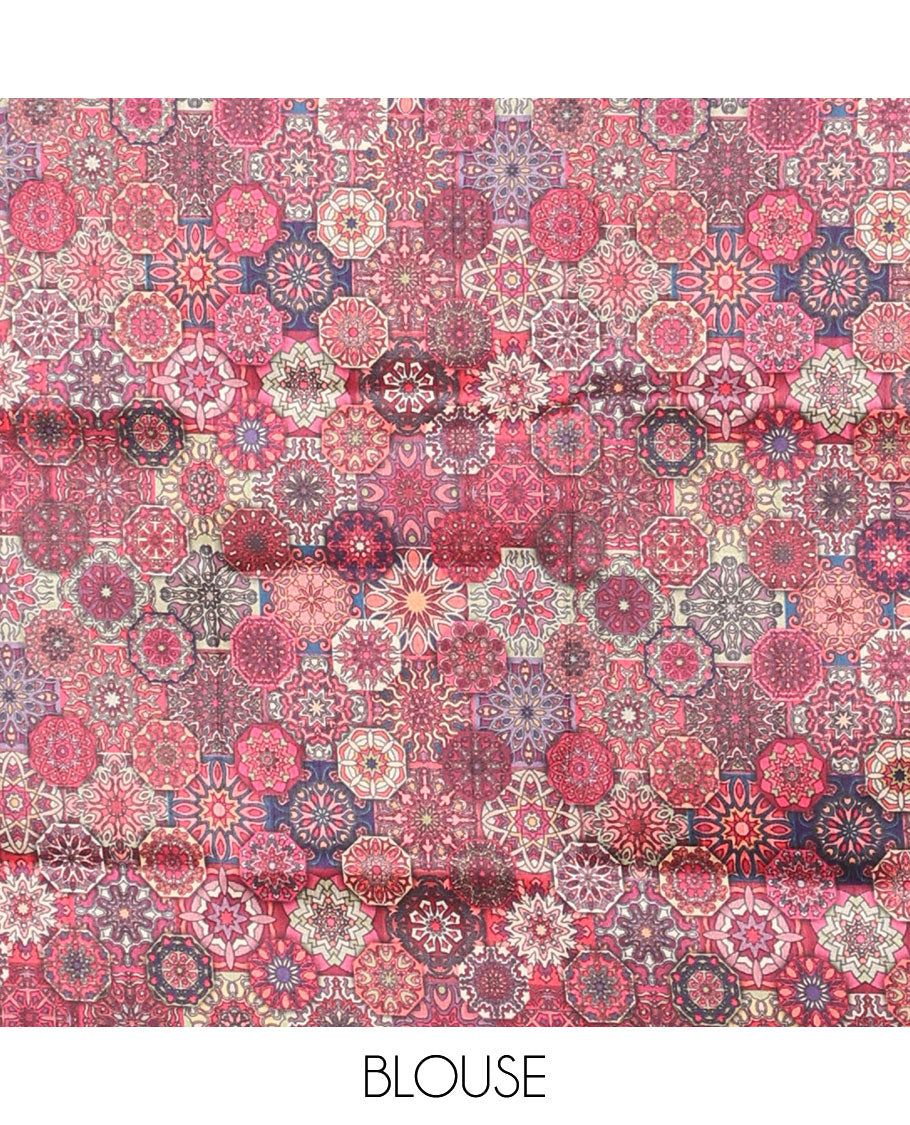 Borderless rosewood pink plain kamala silk saree, contrast multi-color ajrakh printed blouse 