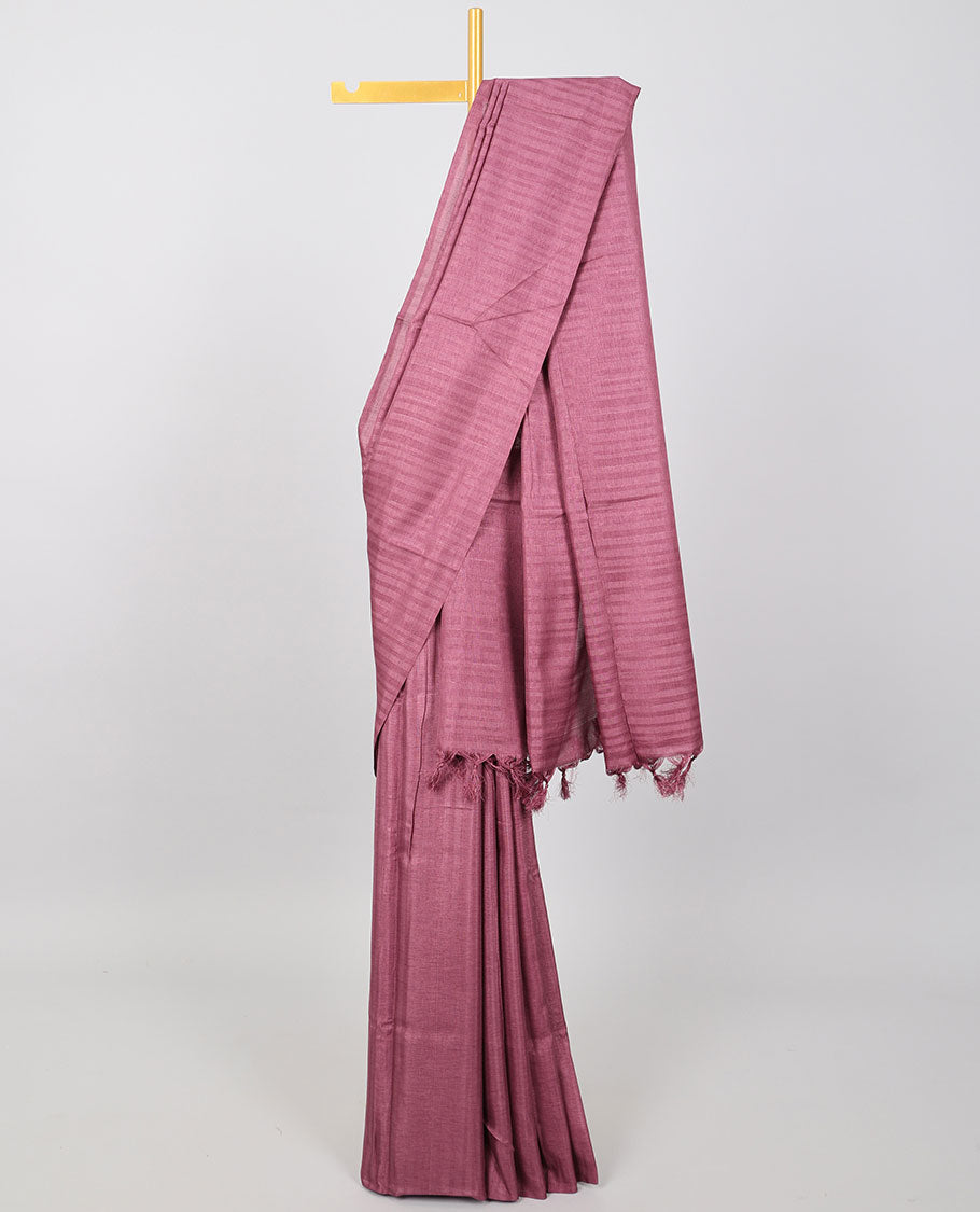 Borderless rosewood pink plain kamala silk saree, contrast multi-color ajrakh printed blouse 