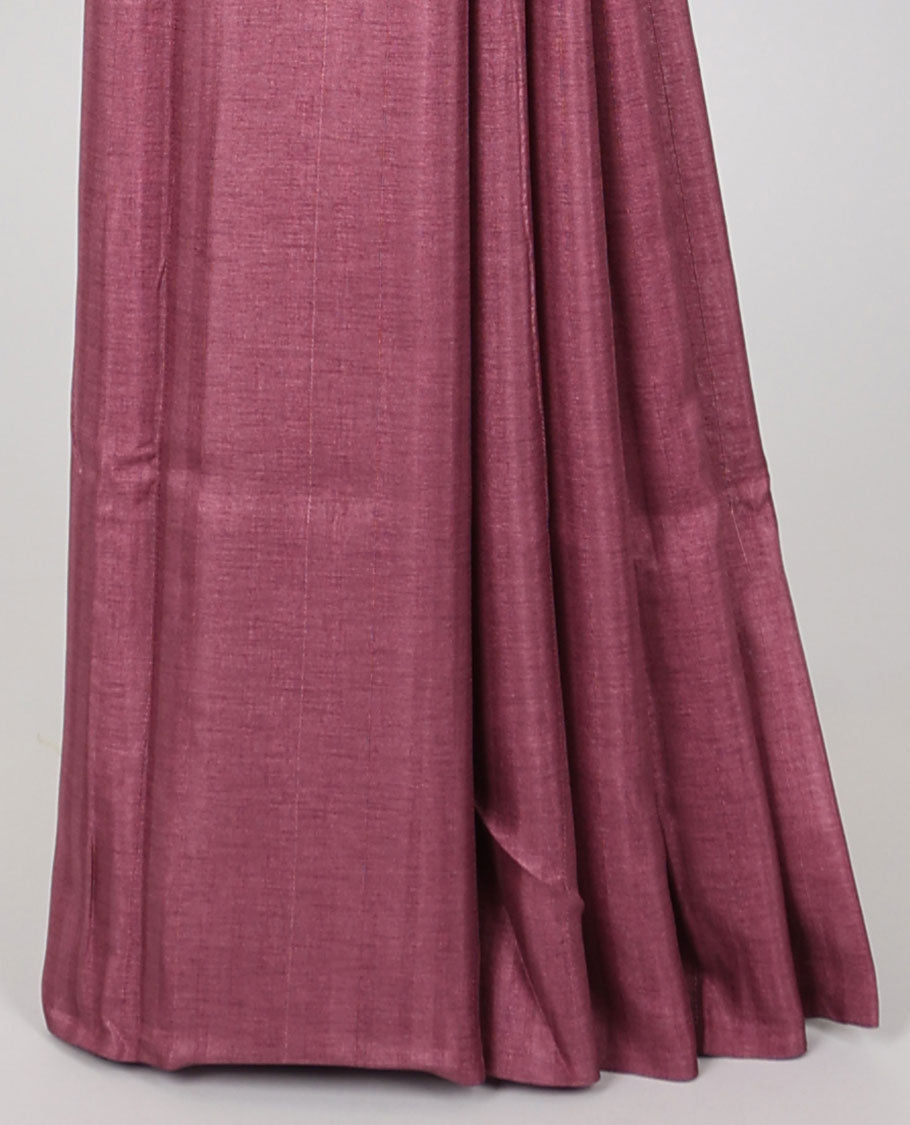 Borderless rosewood pink plain kamala silk saree, contrast multi-color ajrakh printed blouse 