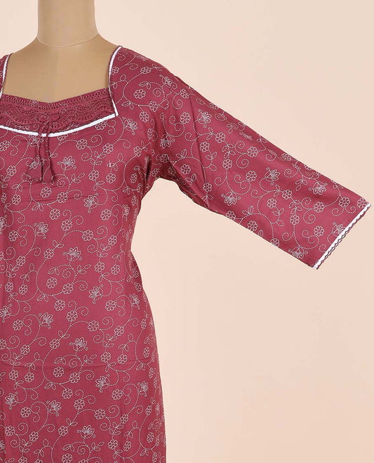 Maroon floral vine printed & lace work v-neck full-sleeve nighty