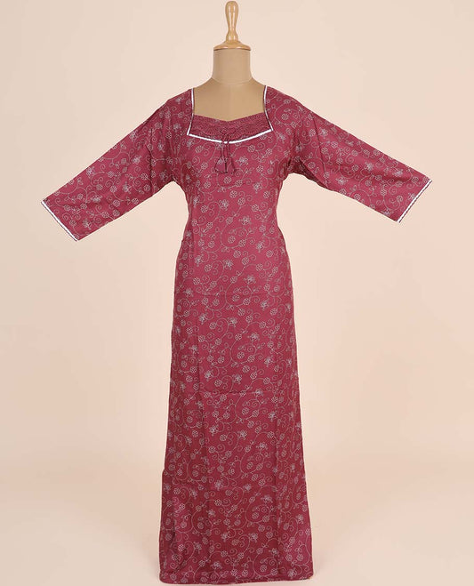 Maroon floral vine printed & lace work v-neck full-sleeve nighty