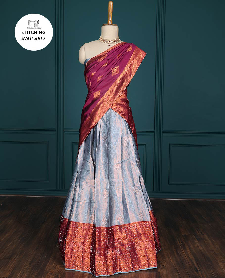 Blue jacquard artsilk half saree,contrast traditional design zari stone work border, blouse & contrast intricate dhavani