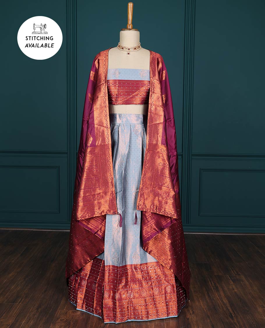 Blue jacquard artsilk half saree,contrast traditional design zari stone work border, blouse & contrast intricate dhavani