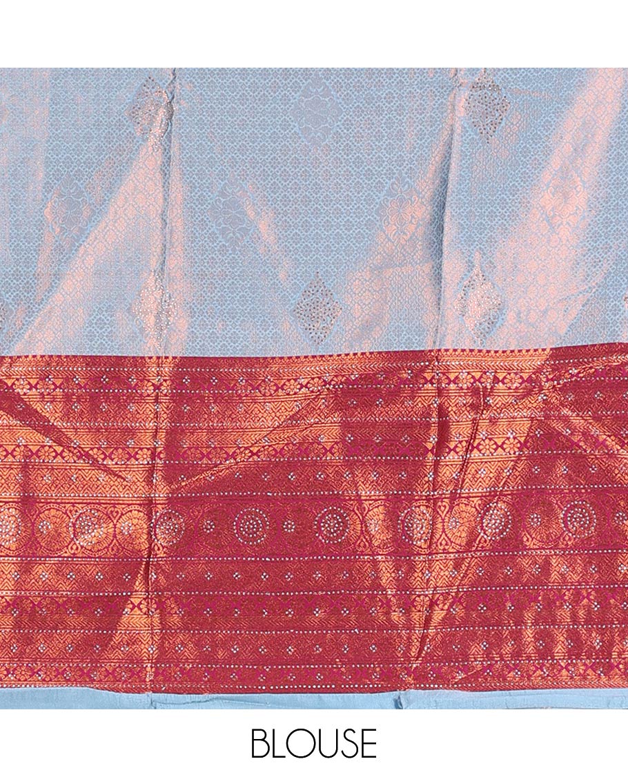 Blue jacquard artsilk half saree,contrast traditional design zari stone work border, blouse & contrast intricate dhavani