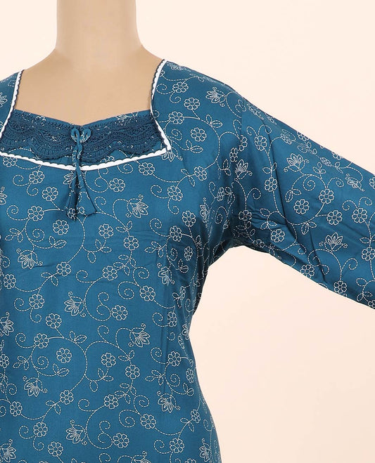 Blue floral vine printed & lace work v-neck full-sleeve nighty