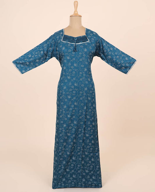 Blue floral vine printed & lace work v-neck full-sleeve nighty