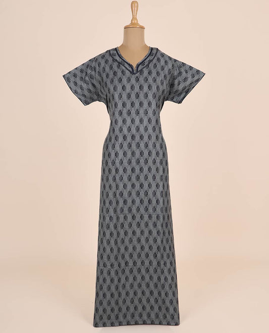 Grey geometric printed & lace work leaf-neck half-sleeve nighty