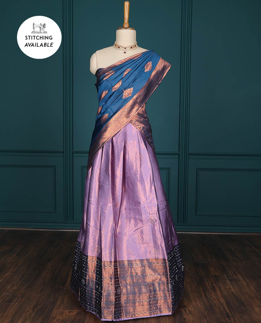 Lavender jacquard artsilk half saree, contrast traditional design stone work border, blouse & contrast intricate dhavani