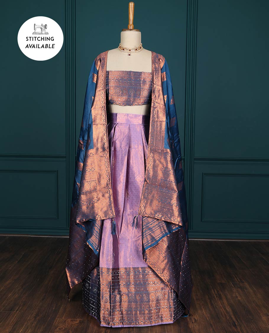 Lavender jacquard artsilk half saree, contrast traditional design stone work border, blouse & contrast intricate dhavani