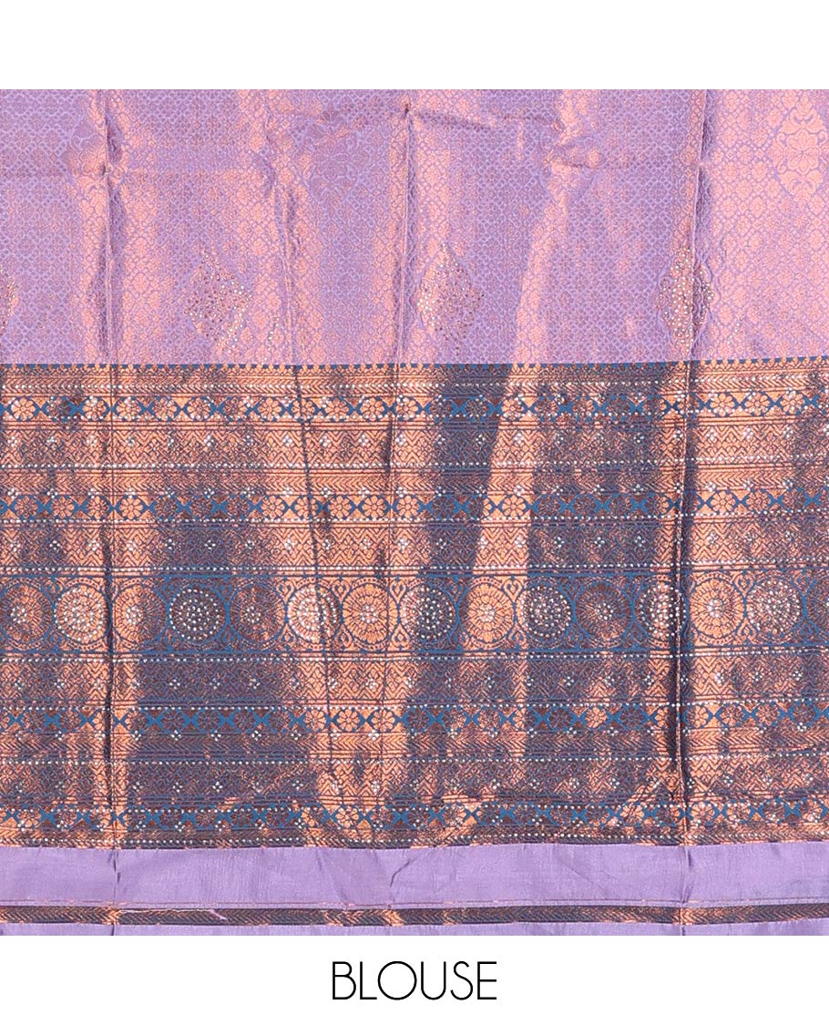 Lavender jacquard artsilk half saree, contrast traditional design stone work border, blouse & contrast intricate dhavani