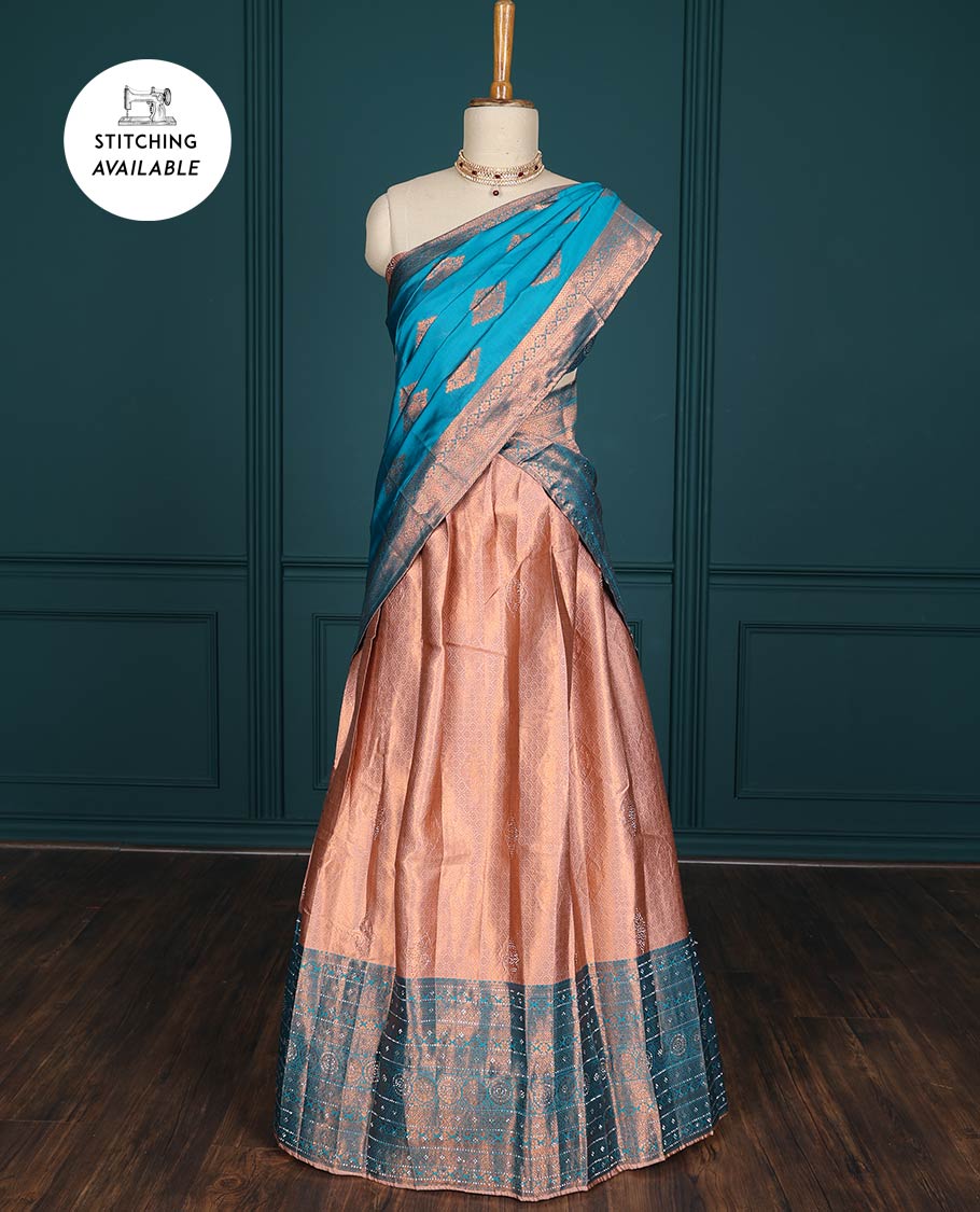 Peach jacquard artsilk half saree, contrast traditional design stone work border, blouse & contrast intricate dhavani