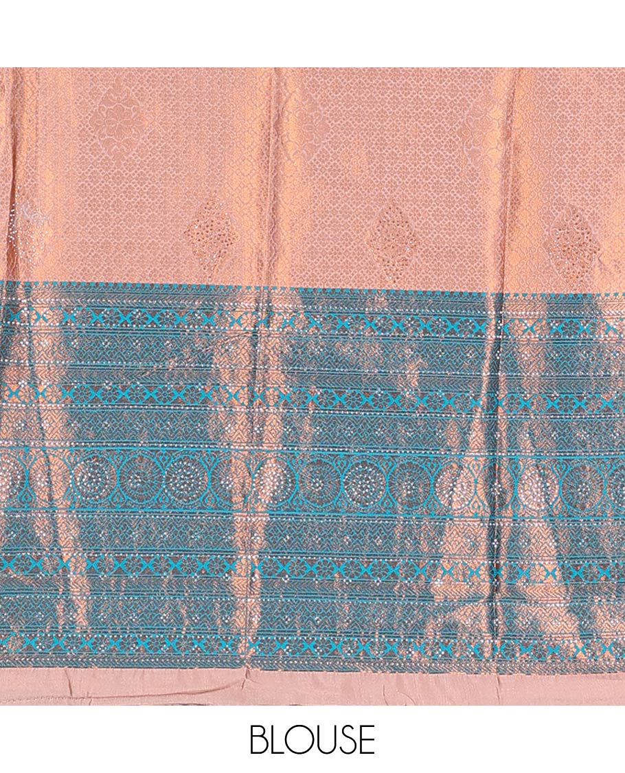 Peach jacquard artsilk half saree, contrast traditional design stone work border, blouse & contrast intricate dhavani
