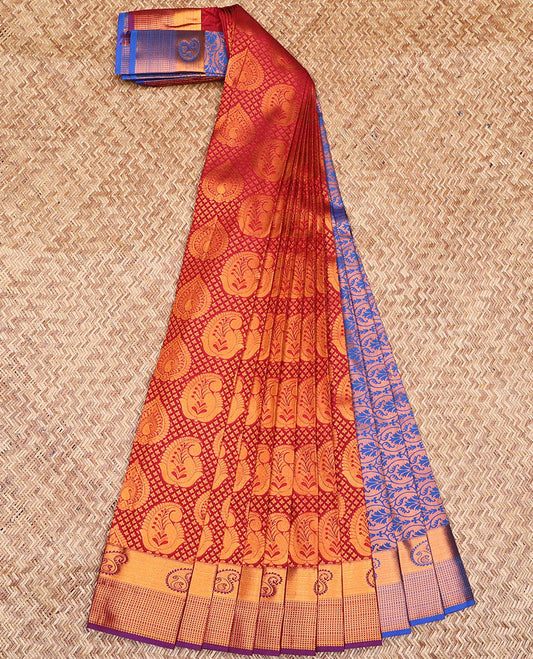 Red jacquard art silk saree, contrast traditional zari border & pallu of floral vine design
