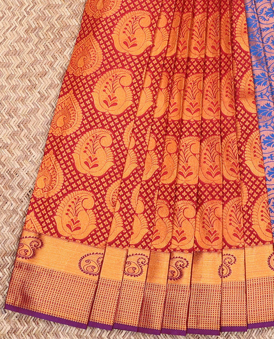 Red jacquard art silk saree, contrast traditional zari border & pallu of floral vine design