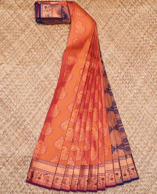Orange jacquard art silk saree, contrast traditional zari border & pallu of intricate design